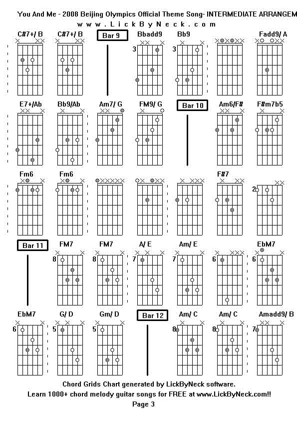 Chord Grids Chart of chord melody fingerstyle guitar song-You And Me - 2008 Beijing Olympics Official Theme Song- INTERMEDIATE ARRANGEMENT,generated by LickByNeck software.